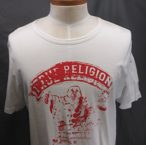 true religion red and white shirt